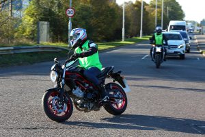 Bradley Ray, Lydd, Buildbase Suzuki, prepares for his Motorbike Road Test at Wheels Motorcycles, Peterborough, Cambridgeshire, UK.